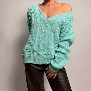 Vintage Forenza Deep V-Neck Cable Knit Sweater - Mint Green, Size Medium